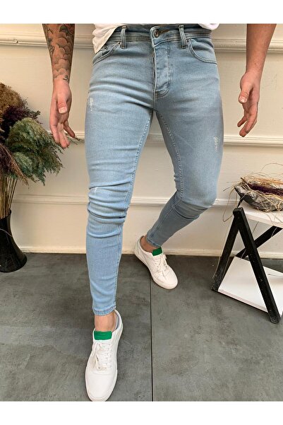 MODAMESTO Men's Ice Blue Laser Slim Fit Lycra Jean Trousers