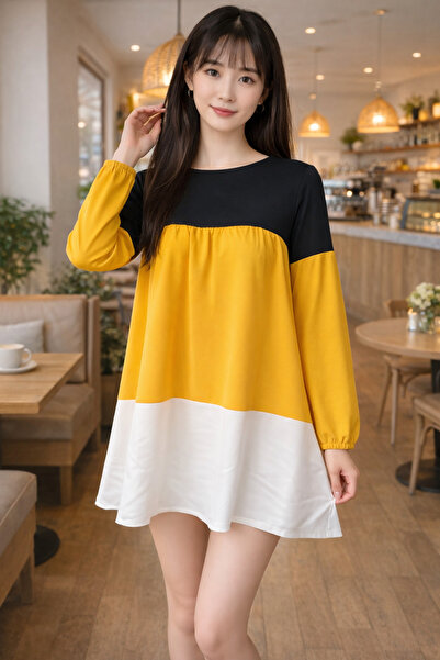 AQE FASHION Women's Dress Yellow Crew Neck Long Sleeve Contrast Panel Detaile...