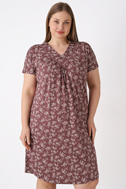 İntensive Women's Plus Size Patterned V-Neck Lace Lycra Nightgown