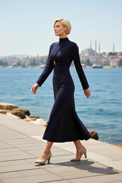 BENERLY Women's Maxi Dress High Collar Long Sleeve Knitted Sandy Fabric Mold ...