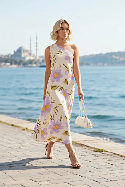 BENERLY Women's Midi Dress Asymmetrical Collar One Shoulder Floral Pattern A-...