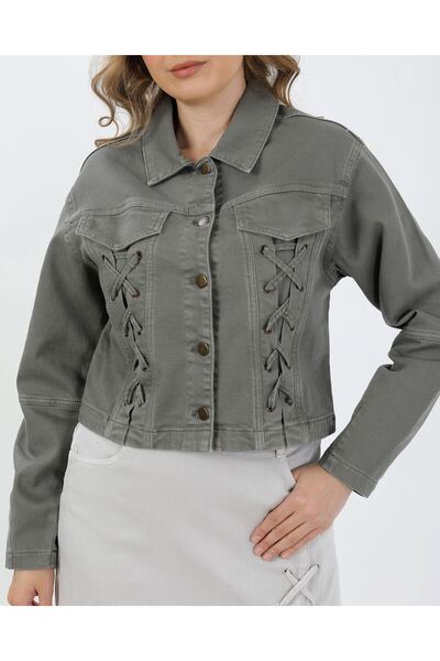 vl vellichor Lace-Up Denim Jacket - Khaki