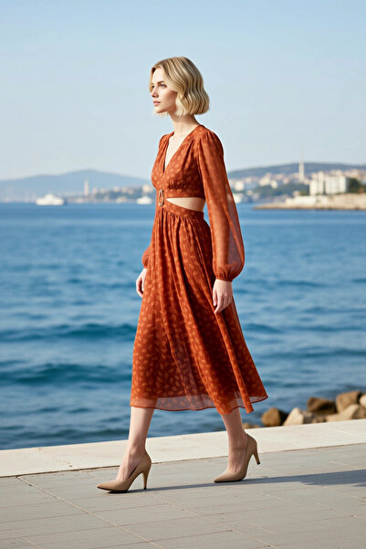 BENERLY Women's Maxi Dress V-Neck Long Sleeve Shawl Pattern Cut Out Detailed ...