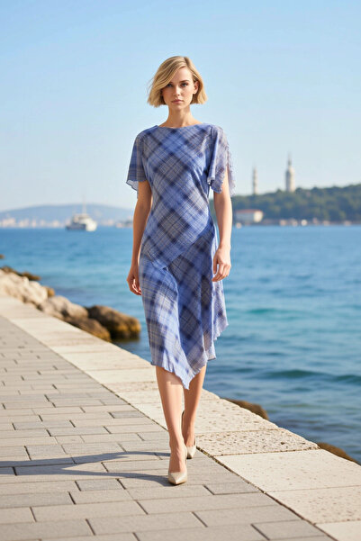 BENERLY Women's Midi Dress Crew Neck Angel Sleeve Short Asymmetrical Cut Flou...