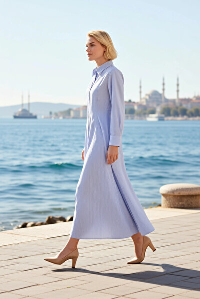 BENERLY Women's Dress Shirt Hijab Collar Long Sleeve Striped Maxi Length Skat...