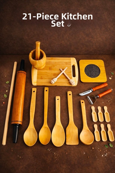 SWENCRAFT Natural Wood 21-Piece Rotating Rolling Pin, Havan Rolling Pin, Niha...