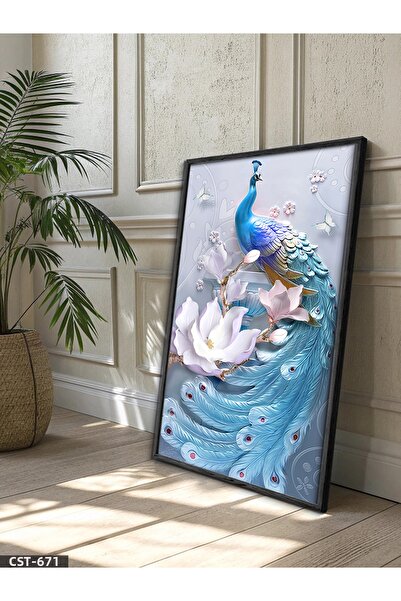 Evinemoda Elegant Peacock One Piece Black Wooden Framed Painting