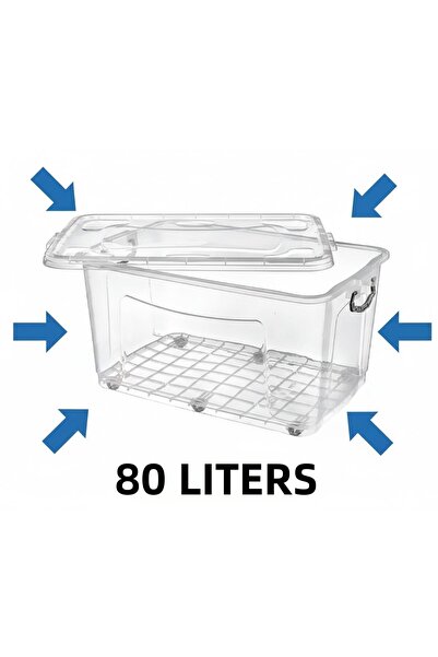 KIZILELMADA صندوق تخزين كبير الحجم بعجلات سعة 80 لتر - شفاف