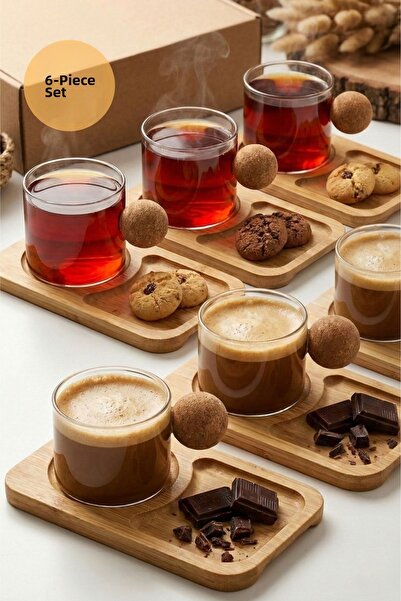 HUBBYCHEF 6-Piece Espresso Coffee Cup Set with Bamboo Saucers