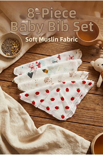 YUNUSOĞLU HOME 8-Piece Modern Patterned Muslin Baby Mouth Wipes with Soft Tex...