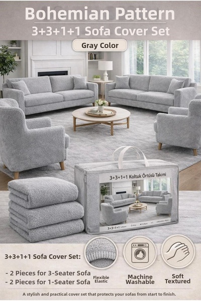 probak Bohemian Pattern Cream Elastic Sofa Cover 3+3+1+1 Set Flexible Elastic...