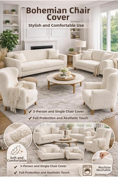 probak Bohemian Pattern Cream Elastic Sofa Cover 3+3+1+1 Set Flexible Elastic...