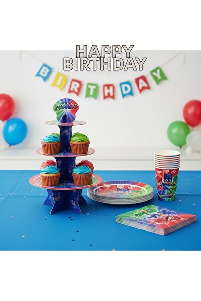 Umamiçe Pijamaskeli̇ler Party Set – 8 Napkins + 8 Plates and Cups + Cake Stand