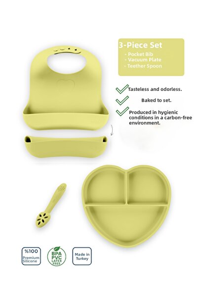 Moki Silicone Feeding Set 3-Piece Pond Green / Food Plate, Feeding Bib, Feedi...