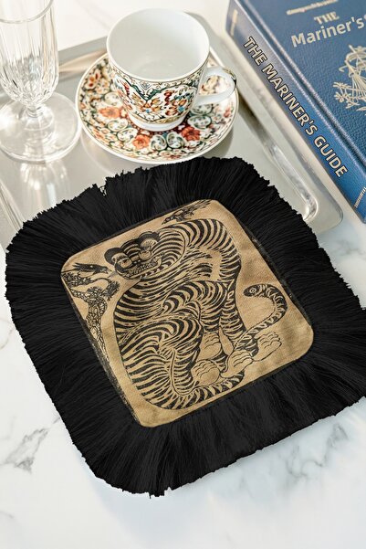 Evimde Bambaşka منديل تقديم بتصميم عتيق مزين بأشكال النمر والشراشيب - منديل أ...