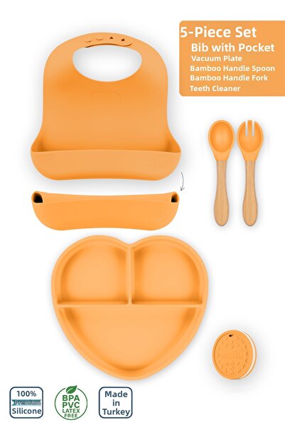 Moki Silicone Set of 5 Candle Orange / Baby Bib, Baby Plate, Spoon, Fork, Tee...
