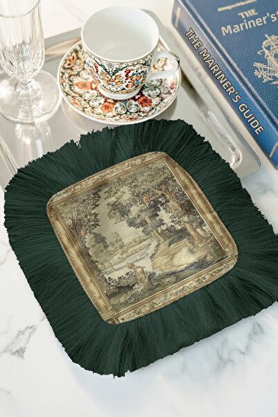 Evimde Bambaşka Șervețel decorativ cu ciucuri în stil baroc - Șervețel verde ...