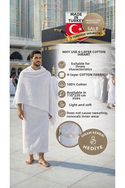 MUJO 100% Cotton 4-Layer Muslin Ihram - Non-Visible Hajj-Umrah Clothing (110X...