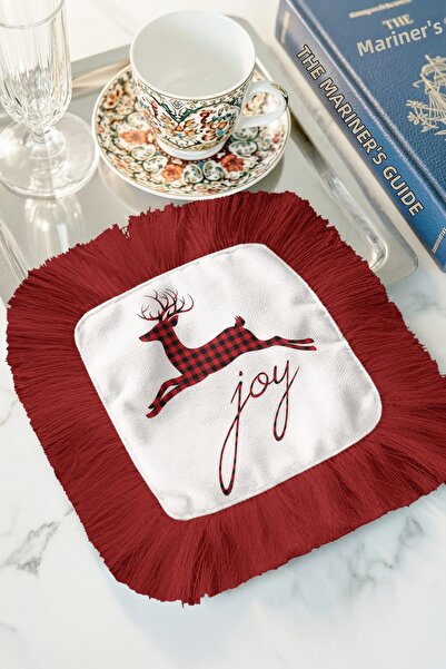 Evimde Bambaşka Joy Plaid Red Plaid Deer Tassel Presentation Napkin - Christm...