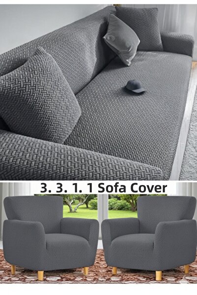 Hazineci Bey Brick Pattern 3 3 1 1 Sofa Cover, Elastic, Non-Slip, Sofa Bed, S...