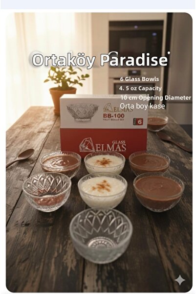 ORTAKÖY CENNETİ 6 Pieces of Glass Rice Pudding Bowl, High-Quality Cut Decor, ...