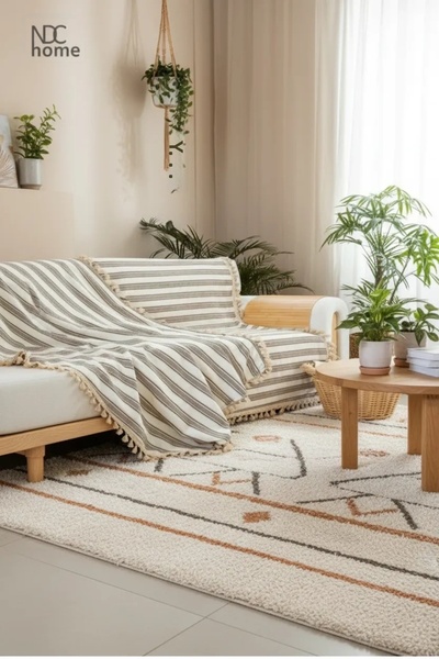 NDC HOME غطاء أريكة من الكتان الفاخر باللون البيج المخطط باللون البني - 170 ×...