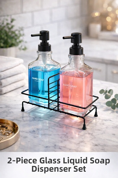 TncPatiShop مجموعة من 2 موزع صابون سائل زجاجي، مجموعة موزع صابون مع حامل أسود...