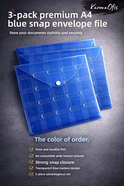 KarmaOfis ملف مغلف أزرق اللون مقاس A4 مكون من 3 قطع - ملف تخزين مستندات شفاف ...