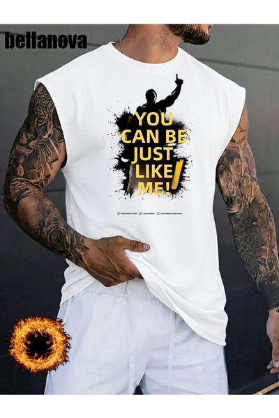 bellanova Men's White Printed Oversized Cut Cotton Crew Neck Undershirt