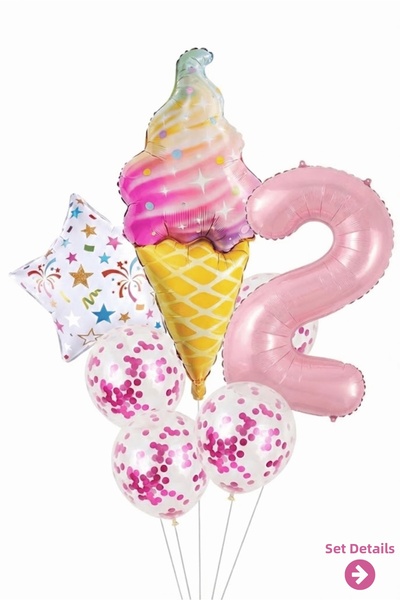 Bunloon Pink Color 2 Year Old Ice Cream Themed 7 Piece Balloon Set Party Deco...