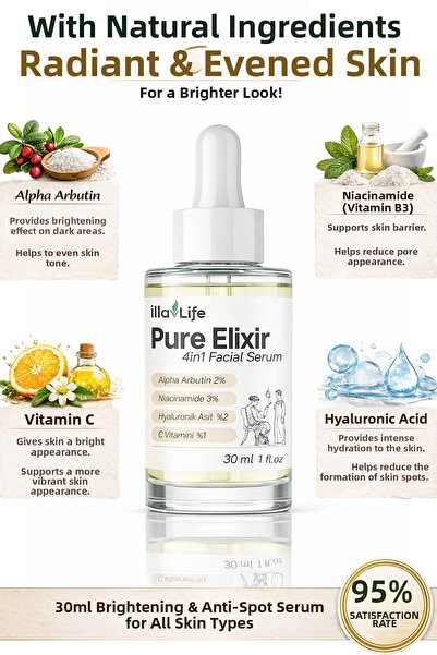 İlla Life 4in1 Pure Elixir Serum Whitening Brightening Anti-Blemish Serum Amp...