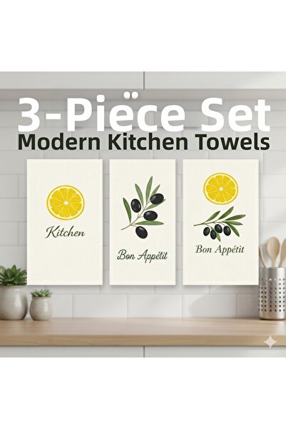 Piloji 3-Piece Kitchen Towel Set 30X50 cm – Lemon & Olive Patterned Decorativ...