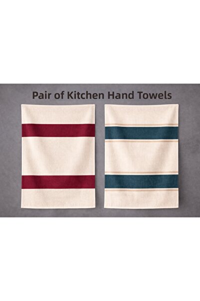 Piloji Set of 2 Striped Kitchen Hand Towels 35X50 cm – Burgundy & Petrol Deco...