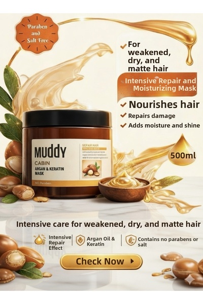 Muddy Cabin Argan and Keratin Mask 500 ml Care Cream for Damaged and Broken H...