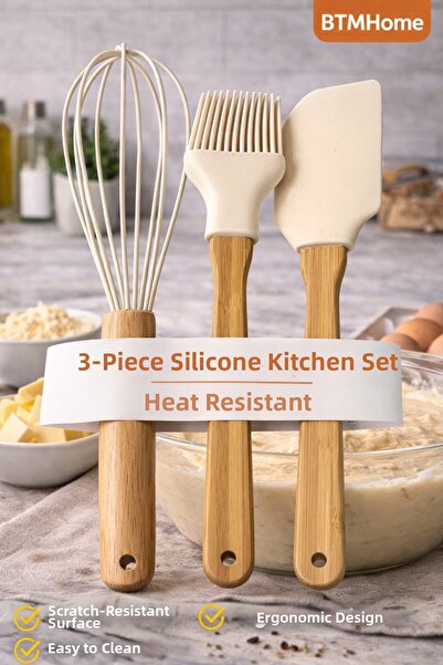 btm home 3-Piece Silicone Kitchen Set Whisk Spatula Brush Heat Resistant Bamb...