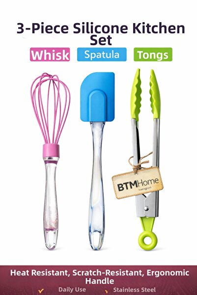 btm home 3-Piece Silicone Kitchen Utensil Set Tongs Spatula Whisk Heat Resistant