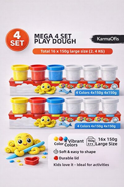 KarmaOfis Kidz 4-Pack Large Size Play Dough 4X150 Gr – 4 Colors Soft Children...