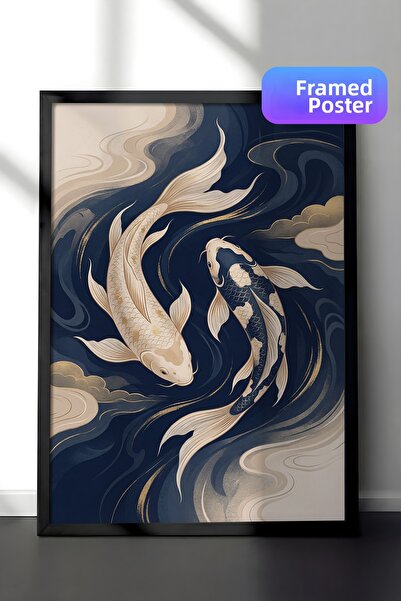 Zestia Black Framed Wall Painting Peaceful Koi Herd in Cloudy Blue Stream Liv...