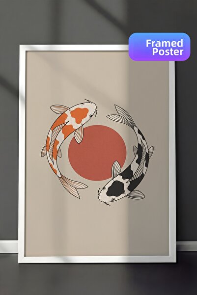 Zestia White Framed Wall Painting Koi Energy Swirling in Tranquil Balance Liv...