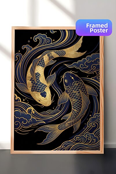 Zestia Wooden Framed Wall Art Painting Luxury Koi Stream in Navy Blue and Gol...