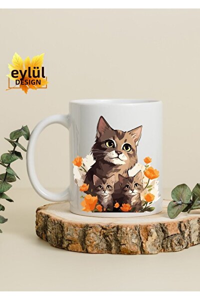 Eylül Design Floral Cat and Kittens Themed Art Special Design Printed Mug Cup...