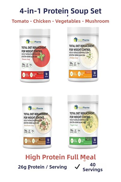 NUTRIPHARMA مجموعة حساء مكونة من 4 قطع مع بروتين مصل اللبن - بودرة طعام كاملة...