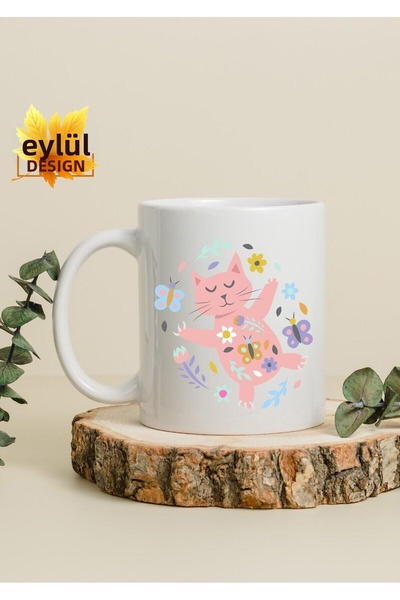 Eylül Design Floral Cat Themed Cute Special Design Printed Mug Cup Gift Cup