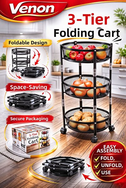 VENON Black Folding Metal Cart with Wheels 🧅   Potato Onion Bowl 🥔   3-Tier...