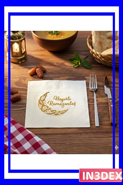 İN3DEX Ramadan Moon and Kandil Patterned Gold Printed Napkin Pack