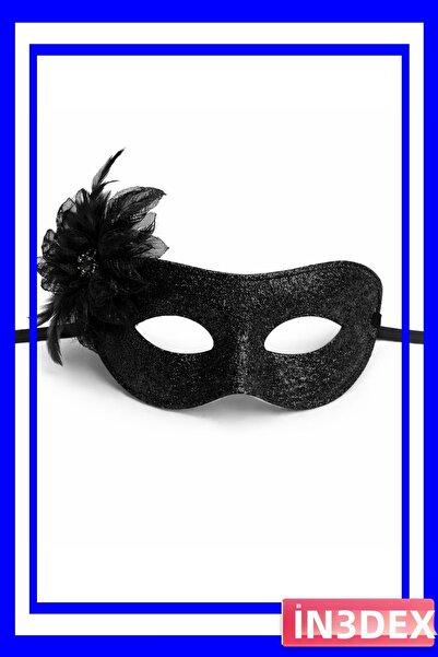 İN3DEX Black Glittery and Feathered Prom Party Mask with String Tie