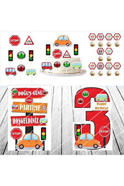 SİYAH PARTİ EVİ Cars / Vehicles Birthday Tabletop Decoration / Cake Decoratio...