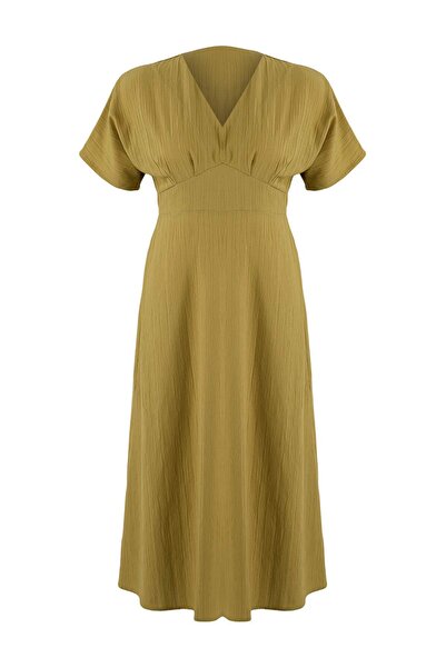 Trendyol Curve Khaki Crinkle Woven Plus Size Dress