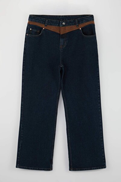 Trendyol Curve Dark Blue High Waist Suede Detailed Wide Leg Comofrt/Medium St...