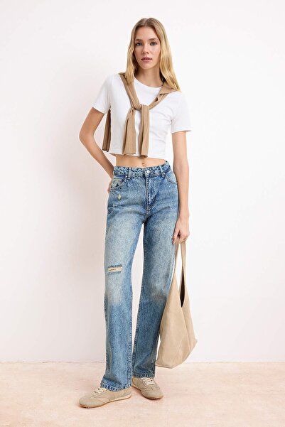 Trendyol Collection Blugi drepți albaștri cu rupturi talie înaltă TWOSS26JE00070
